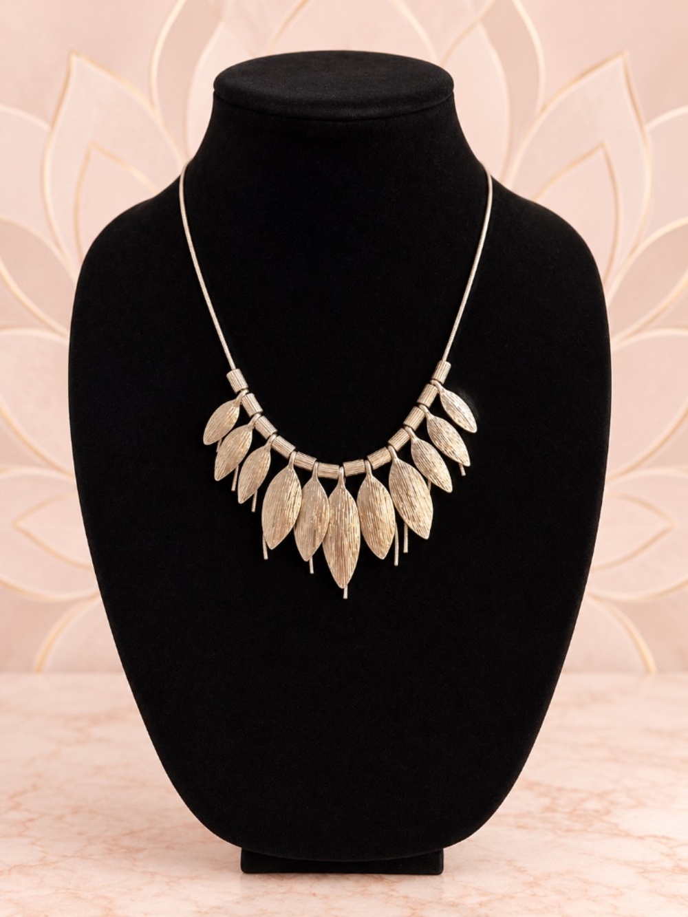Textured Metallic Leaf Fringe Statement Necklace